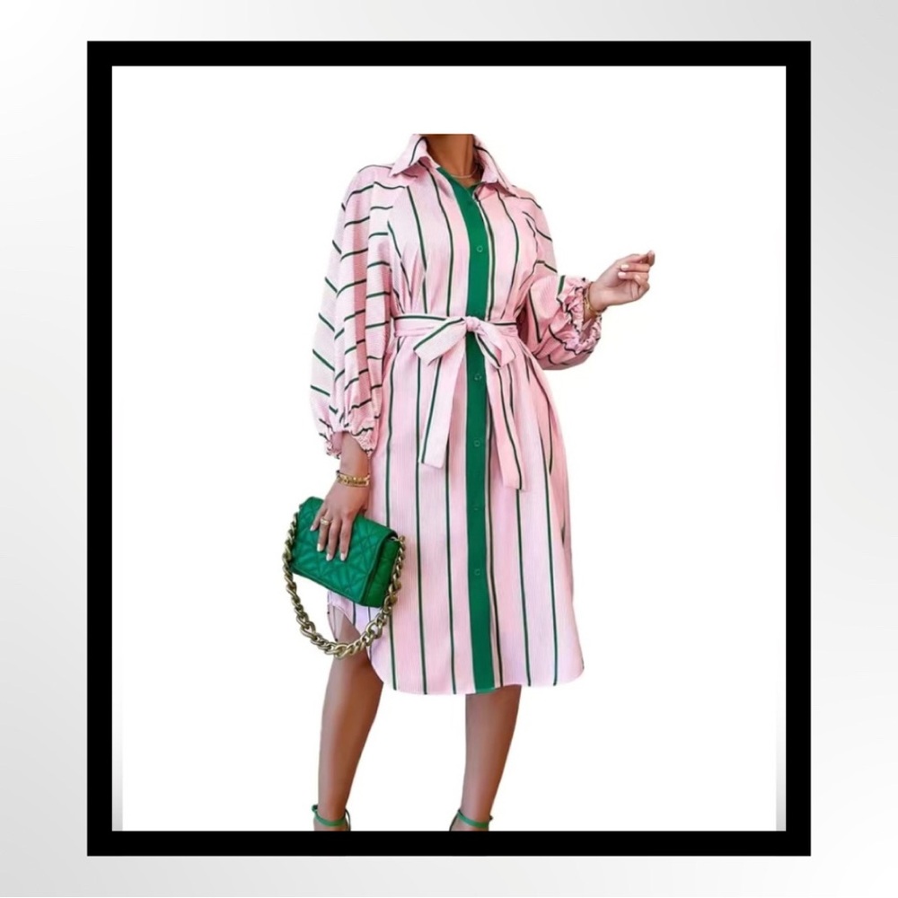 Striped Shirt Casual Button Front Collar Long Sleeve Dress,